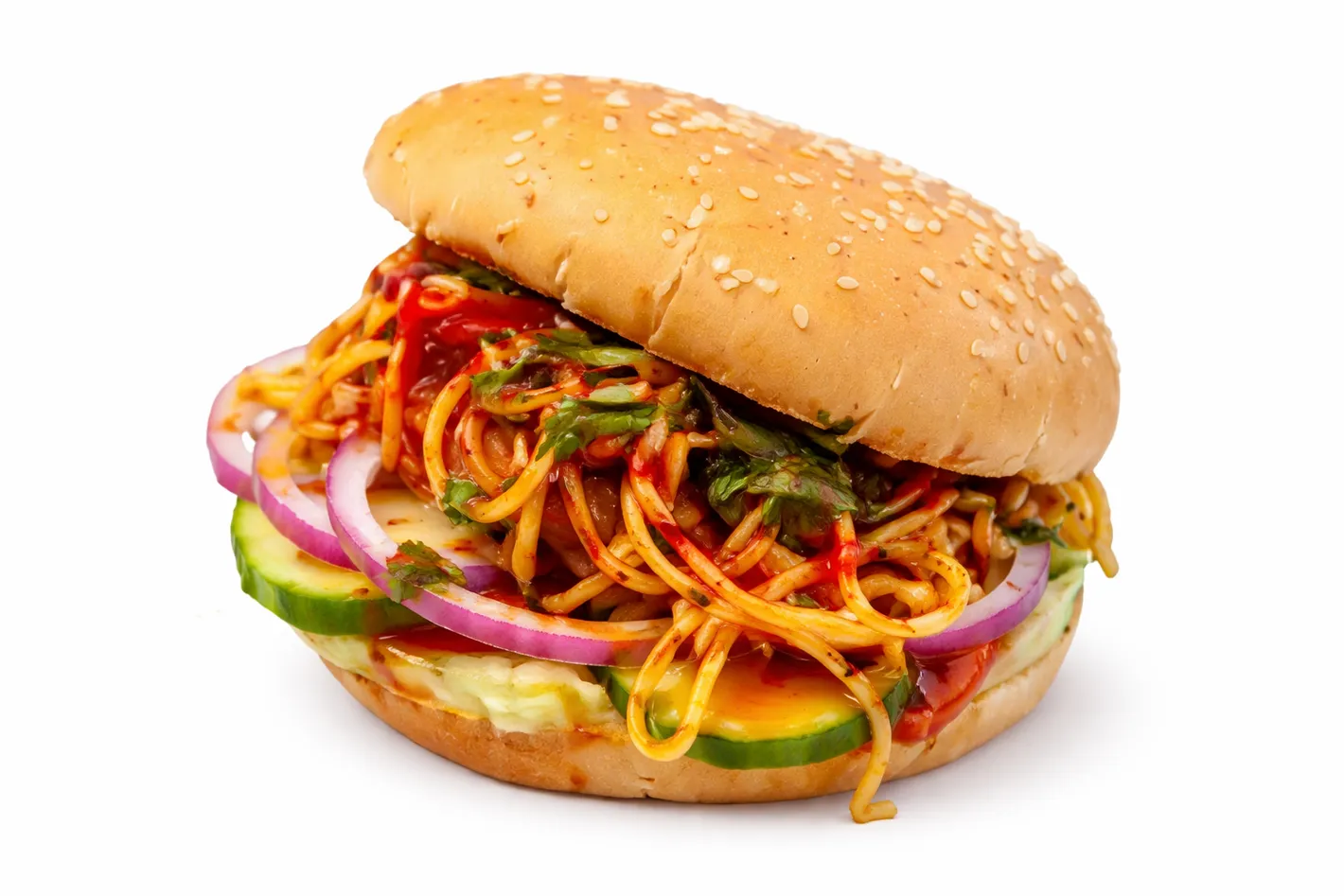 Noodle burger Indo-Chinese fusion at The Farmer's Cuisine Winnipeg